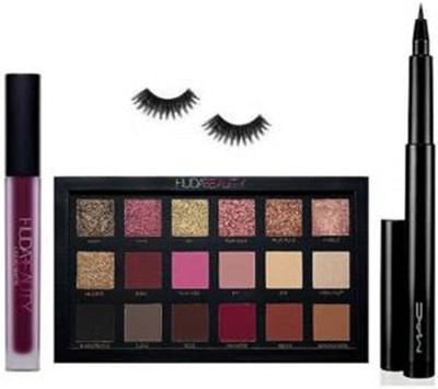 

KACSN COMBO Of Eyelashes, NEW Huda Beauty Textured Shadow NEW PIGMENTS Rose Gold Edition Eye Shadow,Liquid Matte Lipstick Shade - HEARTBREAKER (HOT RED)with Mac Pencil KAJAL/EYELINER waterproof LONG LASTING(Set of 4)