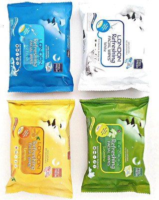 

LONDON Refreshing FACIAL WIPES [ ORIGINAL PRODUCT ] 100% NATURAL, HYGENIC & REFRESHING WET WIPES [ 25 WIPES PER PACK ] 1 JASMINE + 1 ICE FRESH + 1 LEMON + 1 WHITE PACK(Pack of 25)