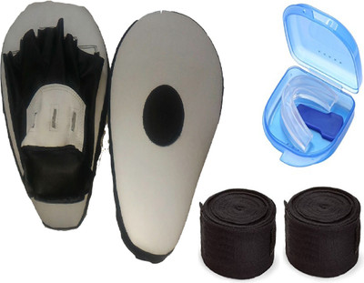 

Venom Pair of Black Color Curve Coacher Pad, 9 Feet Long Black Color Hand Wraps and Blue Color Mouth Guard Boxing Kit