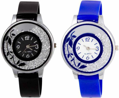 

Frolik New Design Set Of 2 Movable Diamond Black And Blue Color Flower Pattern Fast Selling Women Watch - For Girls