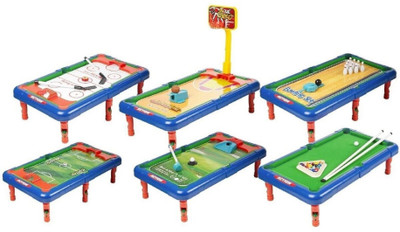 

Sanyal 6 in 1 Action Table Outdoor Indoor Sports Toys with Multiple Gaming Accessories i.e. Combination of Bowling Set, Pool, Golf, Hockey, Soccer, Basketball Games (small Table Top) Board Game