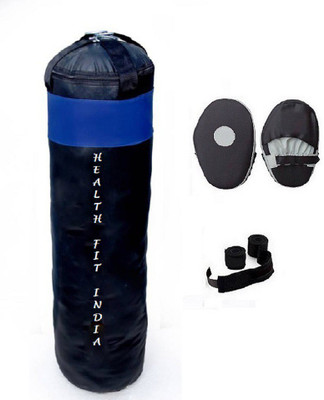 

HEALTH FIT INDIA 3.0 Feet Long, PU Material, Black and Blue Color, Unfilled with Hanging Straps, Pair of Black Color Straight Coacher Pad and 9 Feet Long Black Color Hand Wraps Pair Boxing Kit