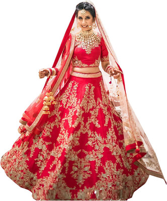 FotoableArc Embroidered Semi Stitched Lehenga Choli(Red)