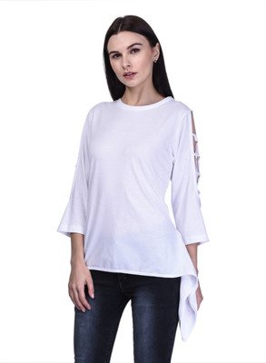 Kalt Casual 3/4 Sleeve Solid Women White Top