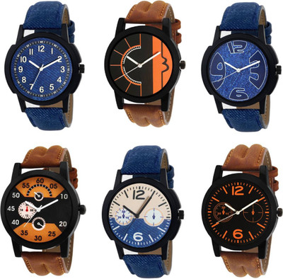 

Rage Enterprise New Designer Multi Dial Blue & Brown Leather Belt Set Of 6 Men Watch - For Boys