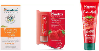 

Himalaya Protective Sunscreen Lotion, Strawberry Shine Lip Care, Fresh Start Oil Clear Strawberry Face Wash(Set of 3)