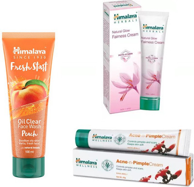 

Himalaya Natural Glow Fariness Cream, Acne n Pimple Cream, oil clear peach face wash(Set of 3)
