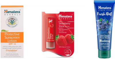 

Himalaya Protective Sunscreen Lotion, Strawberry Shine Lip Care, Fresh Start Oil Clear Blueberry Face Wash(Set of 3)