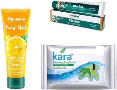 

Himalaya Clarina Anti Acne Cream, kara skin care wipes, oil clear lemon face wash(Set of 3)