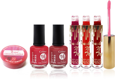 

Seven seas cosmetics makeup combo touch n try liquid lipstick nail polish with nail remover set of 7(Set of 1)