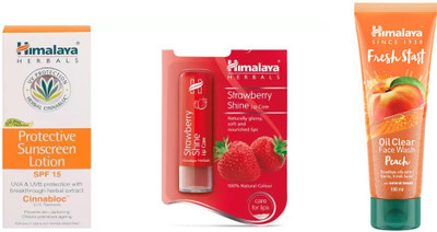 

Himalaya Protective Sunscreen Lotion, Strawberry Shine Lip Care, Fresh Start Oil Clear peach Face Wash(Set of 3)