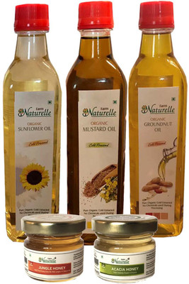 

Farm Naturelle 3 Oils Organic Cold Pressed Virgin (Kachi Ghani) Mustard Oil, Groundnut Oil (Peanut Oil), Sunflower Oil (Sun Flower Oil),(415ml x 3) with Free 2x40 Gms Raw Forest honey varieties Combo(3)