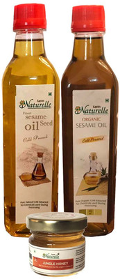 

Farm Naturelle 2 Oils Organic Cold Pressed Virgin (Kachi Ghani) Black Sesame Seed Oil (Gingelly/ Til Oil) and White/Brown Sesame Seed Oil (415ml x 2) with Free 40 Gms Raw Forest honey Combo(2)