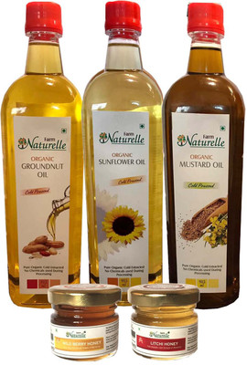 

Farm Naturelle 3 Cold Pressed Organic Virgin Mustard Oil, Groundnut Oil & Sunflower Oil (915Ml X 3) with 2X40 Gms Forest Honey of 2 Varieties Combo(3)