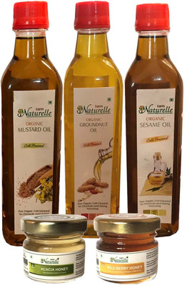 

Farm Naturelle 3 Oils Organic Cold Pressed Virgin (Kachi Ghani) Mustard Oil, Groundnut Oil (Peanut Oil), Black Sesame Seed Oil (Gingelly/ Til Oil)(415ml x 3) with Free 2x40 Gms Raw Forest honey varieties Combo(3)
