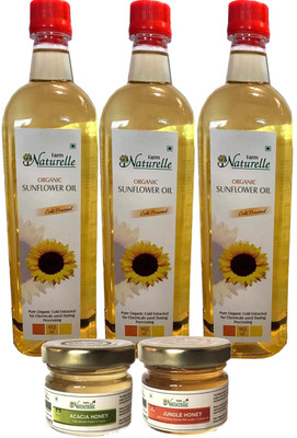 

Farm Naturelle Organic Virgin Cold Pressed (Kachi Ghani) Golden Sunflower Cooking Oil Pack Of 915 Ml X 3 with free 2 honey Combo(3)