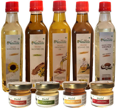 

Farm Naturelle 5 Oils Organic Cold Pressed Virgin (Kachi Ghani) Mustard Oil, Groundnut Oil (Peanut Oil), Sunflower Oil (Sun Flower Oil), Black Sesame Seed Oil (Gingelly/ Til Oil), Virgin Coconut Oil (415Ml X 5) With 4X40 Gms Raw Forest Honey Varieties Com