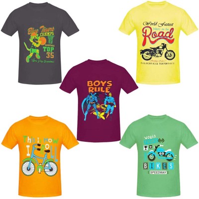 PRETTYFIT32 Boys Printed Cotton Blend T Shirt(Multicolor, Pack of 5)
