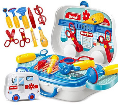 

Vortex Toys White Doctor's Suitcase 14 Pieces Medical Clinic Briefcase on Wheels, Doctor Play Set for Kids