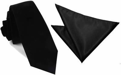 Qtsy Tie and Pocket Square Combo Black Solid Men Tie(Pack of 2)