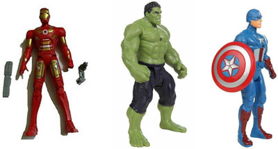 

fedexo Combo Of 3 Avengers Action Figure Toy For Kids. (Captain America, Iron Man, Hulk) with weapons Twist and Move Avengers Age of Ultron Action Figure 19cms with LED light fuction(Multicolor)
