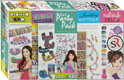 

Ekta 5 in 1 Party Pack - A Complete Gift set for Girls! Buy online with Rubber Bands and patterned Bracelet maker, fashion bodyart, jewellery boutique and nail style salon