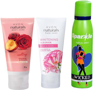 

Avon Anew rose & pearl whitening cleanser 50 g & one red rose & peach hand cream 50 ml With one sparkle perfume spray 150 ml(Set of 3)