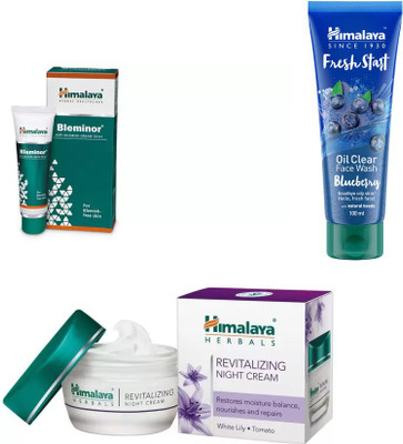 

Himalaya Bleminor Anti Blemish Cream, Revitalizing Night Cream, Fresh Start Oil Clear Blueberry Face Wash(Set of 3)