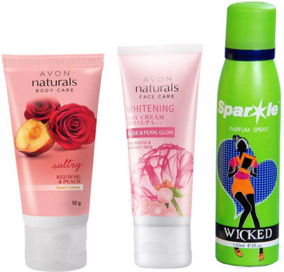 

Avon Anew rose & pearl whitening day cream 20 g & red rose & peach hand cream 50 ml With one sparkle perfume spray 150 ml(Set of 3)