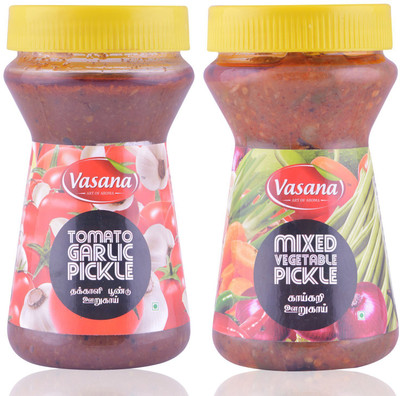 

Vasana Tomato garlic pickle and Mixed veg pickle Garlic, Tomato Pickle(0.6 kg, Pack of2)