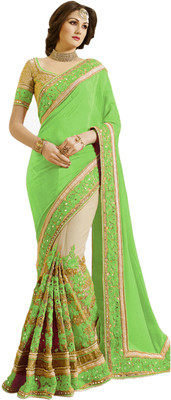 Nivah Fashion Embroidered Bollywood Net, Art Silk Saree(Green)