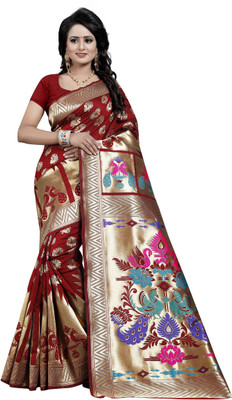 3SIX5 Embellished Kanjivaram Poly Silk Saree(Gold, Maroon)