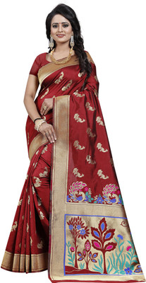 3SIX5 Embroidered, Woven Kanjivaram Poly Silk Saree(Maroon)