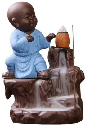 

AapnoCrafts Kung-Fu Style Monk Buddha Smoke Back flow Cone Incense Holder- With 10 Free Incence Cones Decorative Showpiece - 12 cm(Ceramic, Blue)