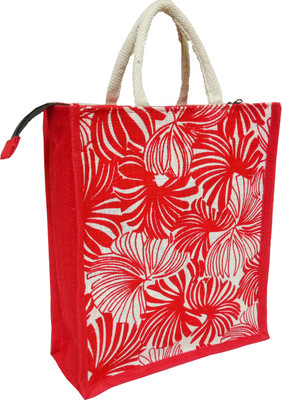 

styles creation Floral Print Designer Stylish Red Handicraft Jute Lunch Tiffin Handbag Waterproof Lunch Bag(Red, White, 14 inch)