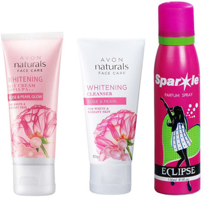

Avon Anew rose & pearl whitening cleanser 50 g & rose & pearl whitening day cream 20 g & With one sparkle perfume spray 150 ml(Set of 3)