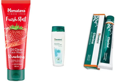 

Himalaya fresh start oil clear strawberry face wash, clarina anti acne cream, refreshing cleansing milk(Set of 3)