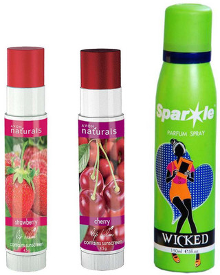 

Avon Anew Herbal Strawberry Lip Balm Berry-Flavour (4.5 g) & one Naturals Lip Balm Cherry (4.5 g) With one sparkle perfume spray 150 ml(Set of 3)