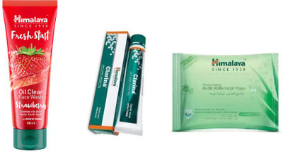 

Himalaya fresh start oil clear strawberry face wash, clarina anti acne cream, moisturizing aloe vera facial wipes(Set of 3)