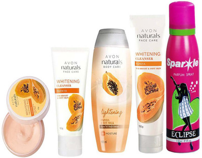 

Avon Anew papaya whitening smoothies face mask (75 g) & Naturals Papaya & Soy Milk Hand & Body Lotion (100 ml) & Naturals Papaya Cleanser (100 g) & Naturals Papaya Cleanser 50 g (26451) With one sparkle perfume spray 150 ml(Set of 5)