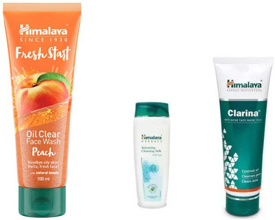 

Himalaya fresh start oil clear peach face wash, clarina anti acne face mask, refreshing cleansing milk(Set of 3)