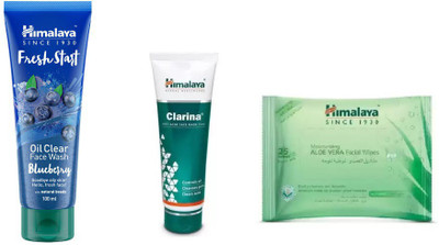 

Himalaya fresh start oil clear peach face wash, clarina anti acne face mask, moisturizing aloe vera facial wipes(Set of 3)