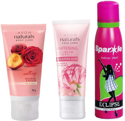 

Avon Anew rose & pearl whitening day cream 50 g & red rose & peach hand cream 50 gm With one sparkle perfume spray 150 ml(Set of 3)
