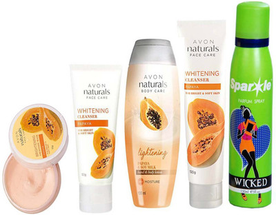 

Avon Anew papaya whitening smoothies face mask (75 g) & Naturals Papaya & Soy Milk Hand & Body Lotion (100 ml) & Naturals Papaya Cleanser (100 g) & Naturals Papaya Cleanser 50 g (26451) With one sparkle perfume spray 150 ml(Set of 5)