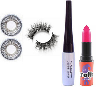

studio Eyelashes,Mac Liquid Eyeliner & Trolls Matte Lipstick & Sterling Gray Beauty Eye Contact Lenses(Set of 4)