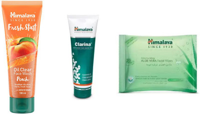 

Himalaya fresh start oil clear peach face wash, clarina anti acne face mask, moisturizing aloe vera facial wipes(Set of 3)
