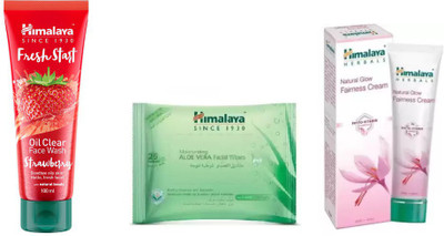 

Himalaya fresh start oil clear strawberry face wash, natural glow fairness cream, moisturizing aloe vera facial wipes(Set of 3)