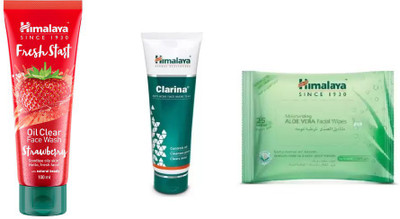 

Himalaya fresh start oil clear strawberry face wash, clarina anti acne face mask, moisturizing aloe vera facial wipes(Set of 3)