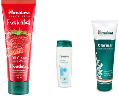 

Himalaya fresh start oil clear strawberry face wash, clarina anti acne face mask, refreshing cleansing milk(Set of 3)