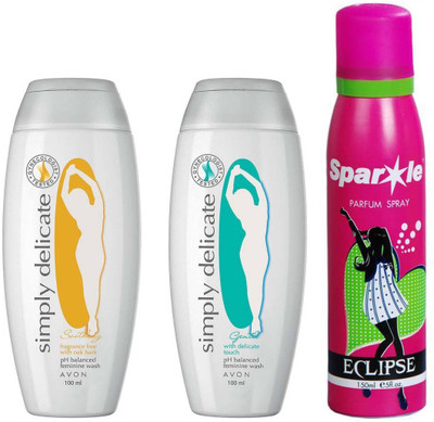 

Avon Anew Simply Delicate Gentle Intimate Wash 100 ml & Simply Delicate Soothing Intimate Wash 100 ml With one sparkle perfume spray 150 ml(Set of 3)